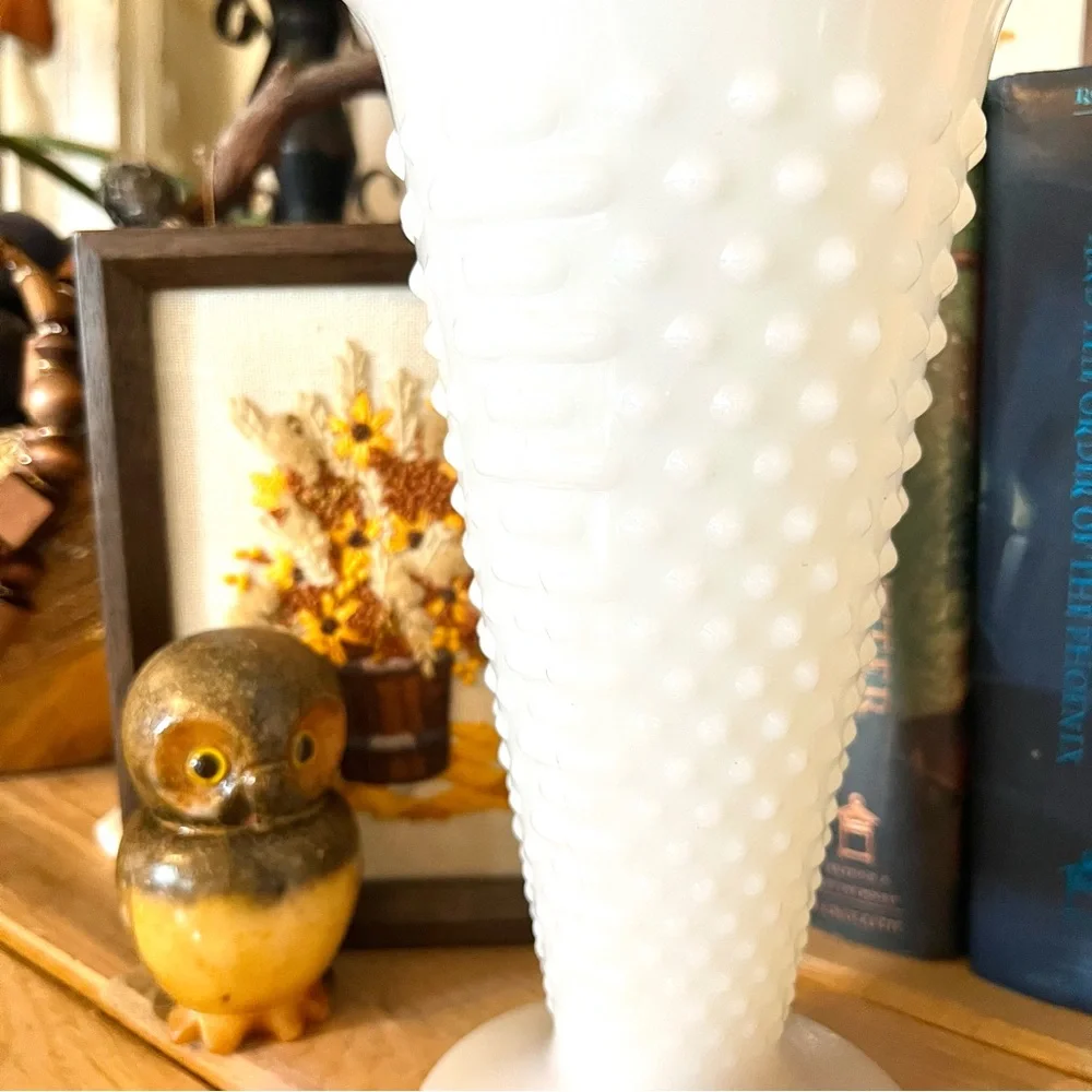 Vintage Fire King Dots and Dash 9” Tall Milkglass Vase- Mid Century Mod